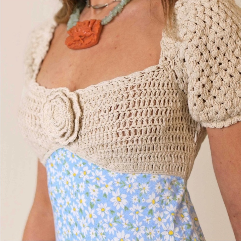 Rixo London Sardinia Crochet Knit Floral Maxi Dress in Cream and Light Blue - Picture 7 of 10